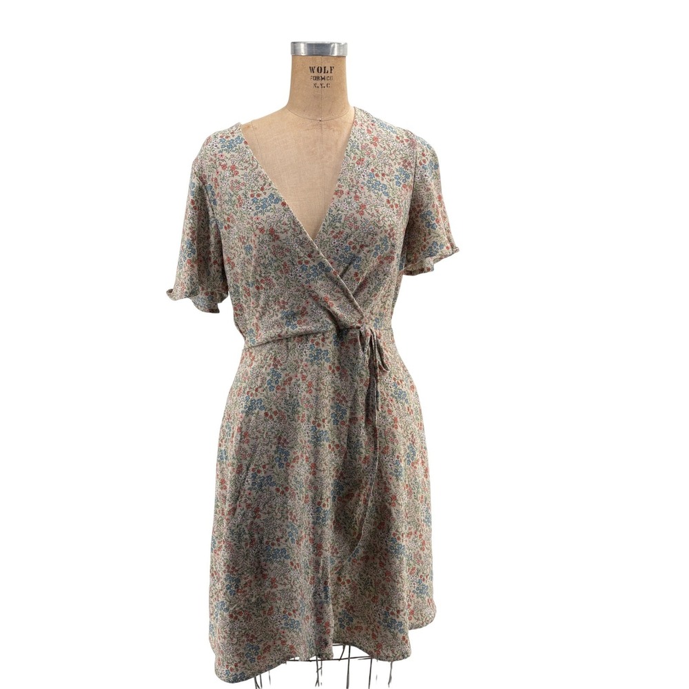 Monteau Los Angeles Floral Wrap Dress Cream Blue Pink Ditsy Print  L 59694F-AF